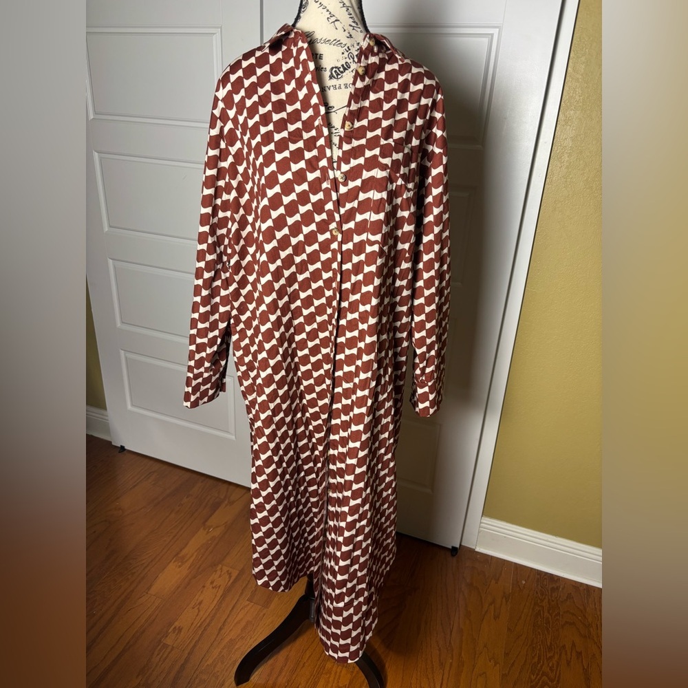 Anthropologie The Soren Long-Sleeve Shirt Dress Maeve size L Petite Orange Motif - Picture 6 of 9